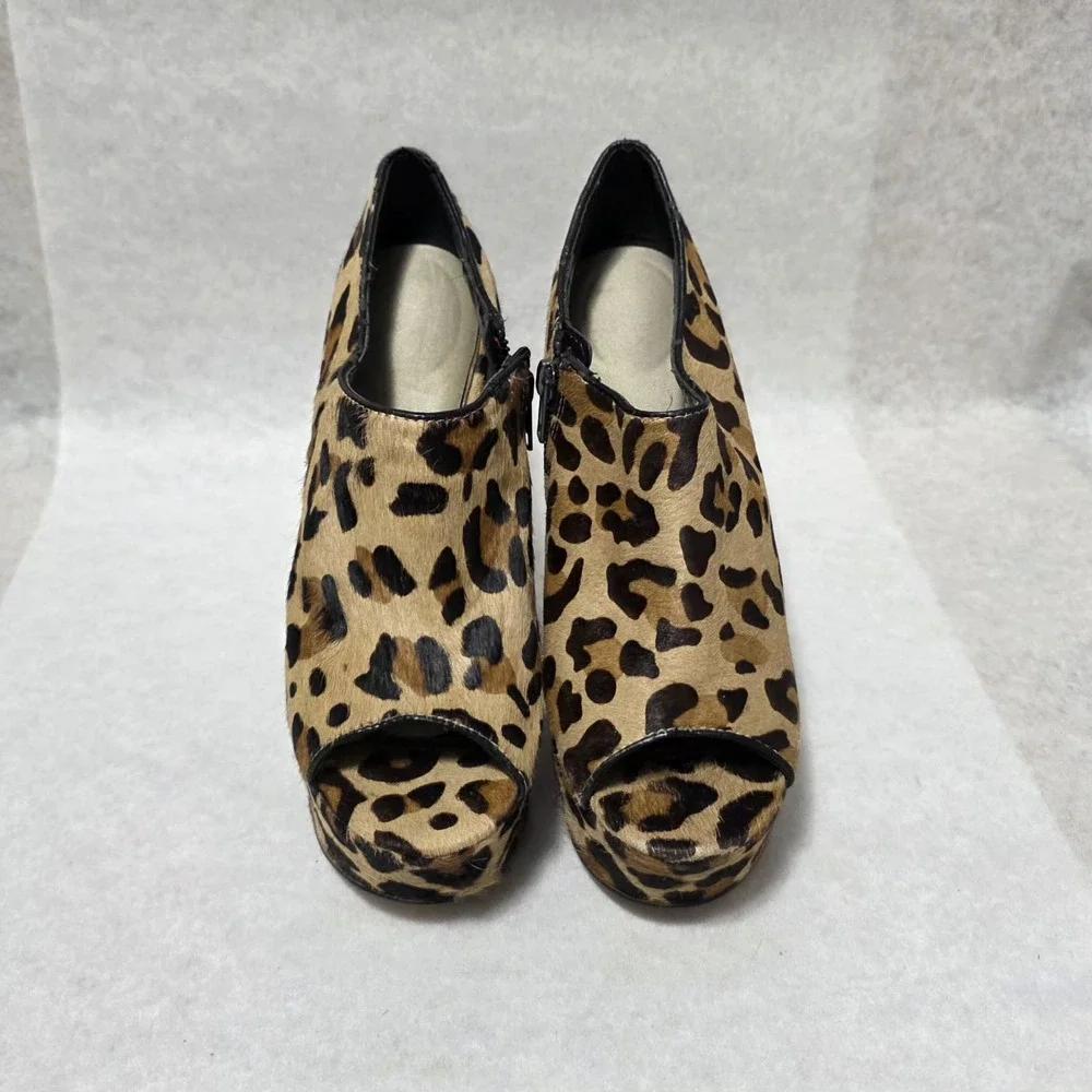 Leopard Print Pony Hair Platform Wedge Booties - Peep Toe - Size 8M